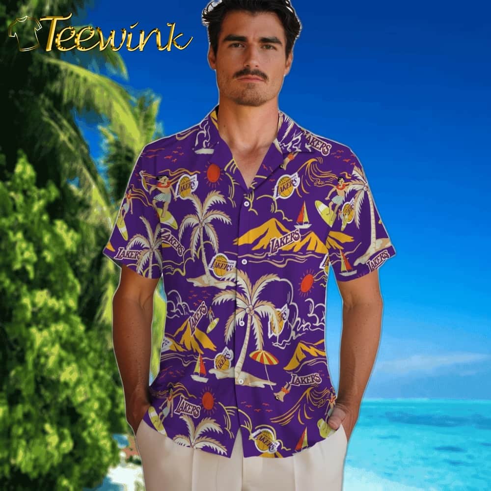 Palm Tree Island Los Angeles Lakers Hawaiian Shirt image 2 Palm Tree Island Los Angeles Lakers Hawaiian Shirt image 2