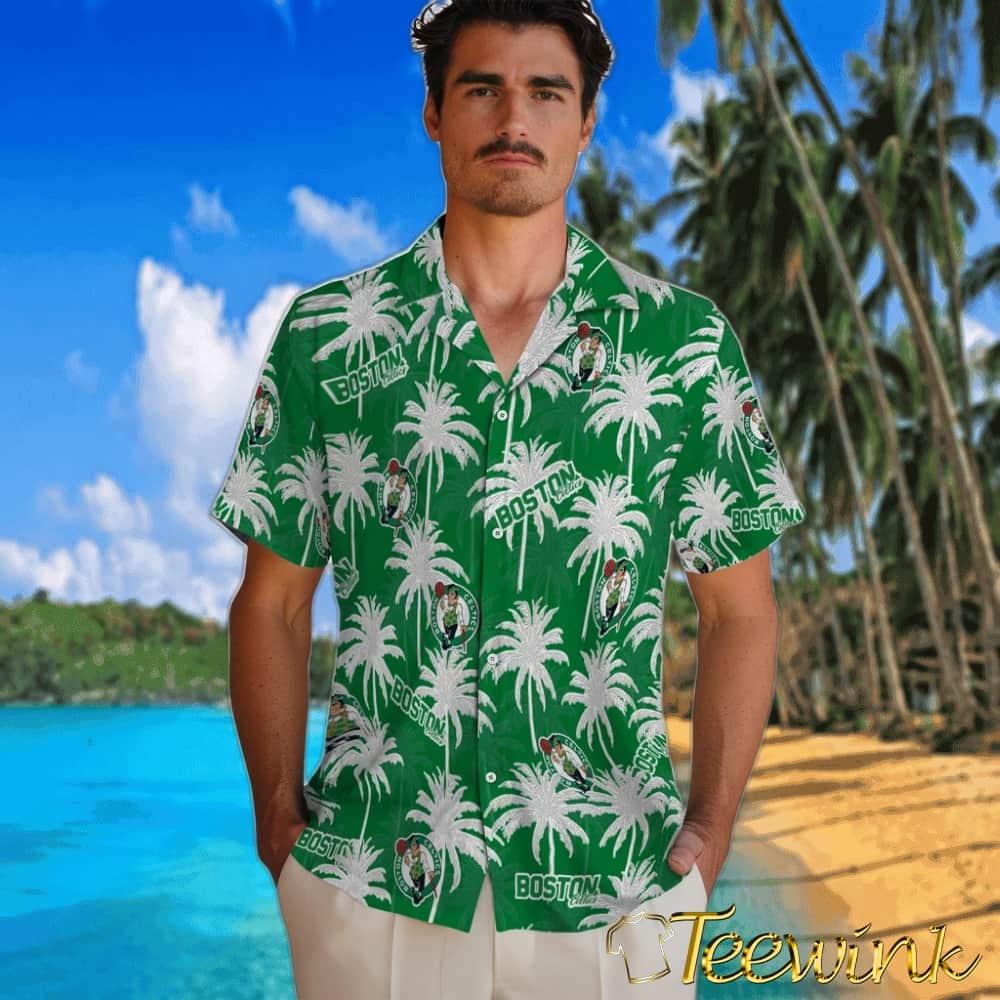 Palm Tree Motif Boston Celtics Hawaiian Shirt image 2 Palm Tree Motif Boston Celtics Hawaiian Shirt image 2