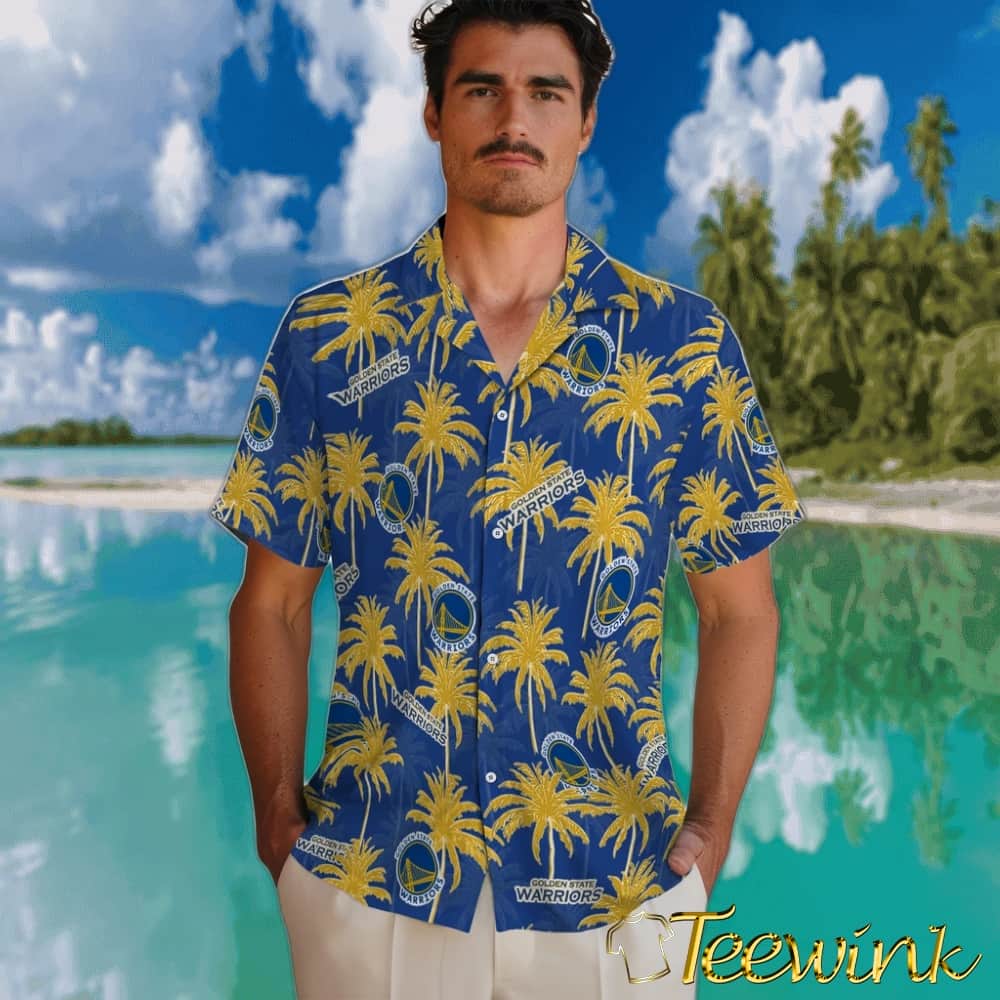Palm Tree Motif Golden State Warriors Hawaiian Shirt image 2 Palm Tree Motif Golden State Warriors Hawaiian Shirt image 2