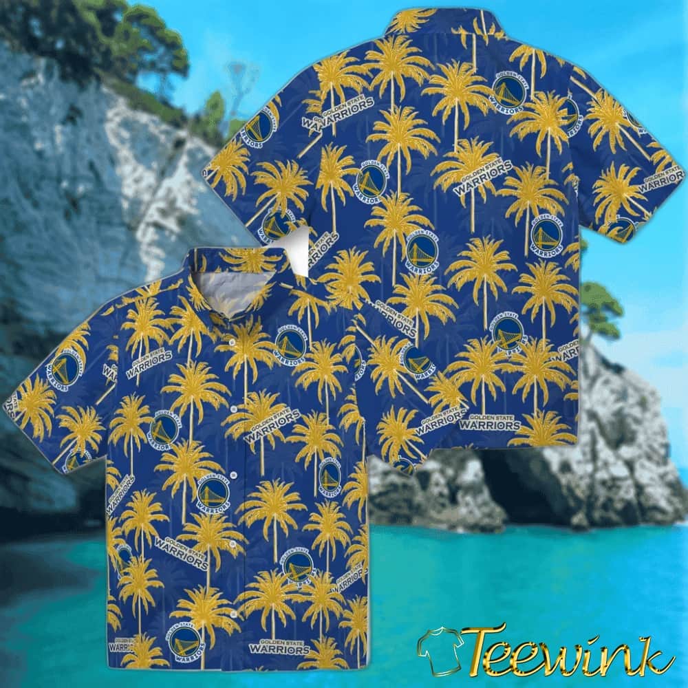 Palm Tree Motif Golden State Warriors Hawaiian Shirt image 3 Palm Tree Motif Golden State Warriors Hawaiian Shirt image 3