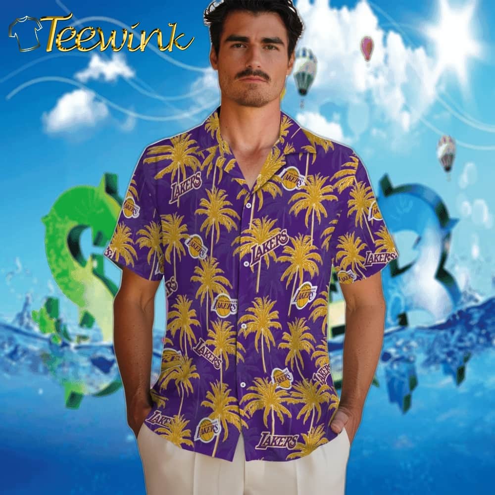 Palm Tree Motif Los Angeles Lakers Hawaiian Shirt image 2 Palm Tree Motif Los Angeles Lakers Hawaiian Shirt image 2