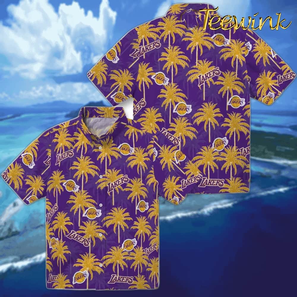 Palm Tree Motif Los Angeles Lakers Hawaiian Shirt image 3 Palm Tree Motif Los Angeles Lakers Hawaiian Shirt image 3