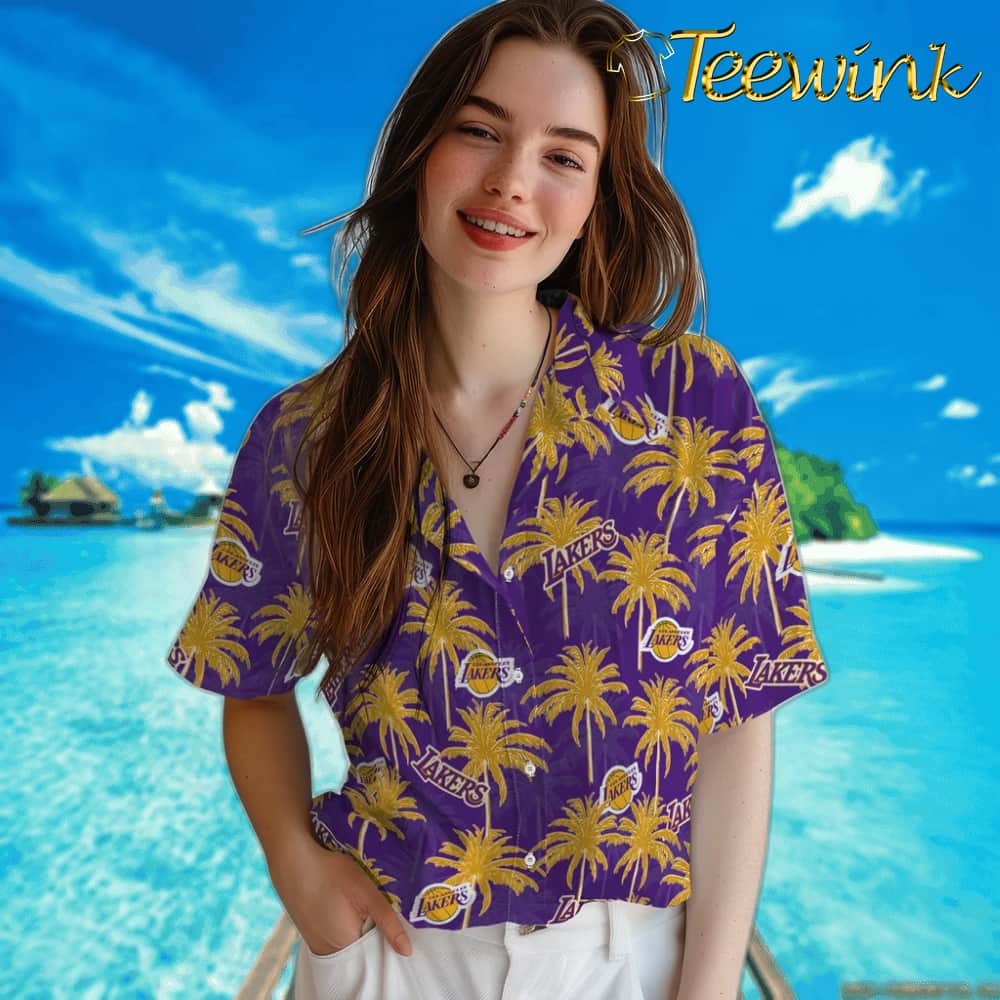 Palm Tree Motif Los Angeles Lakers Hawaiian Shirt image 4 Palm Tree Motif Los Angeles Lakers Hawaiian Shirt image 4
