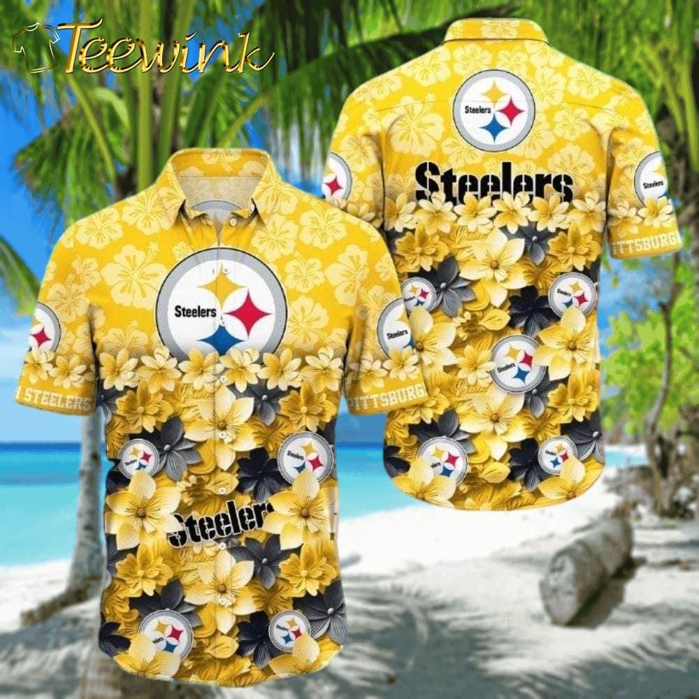 Bloom of Victory Floral Burst Pittsburgh Steelers Hawaiian Shirt with Gold Hibiscus Field
