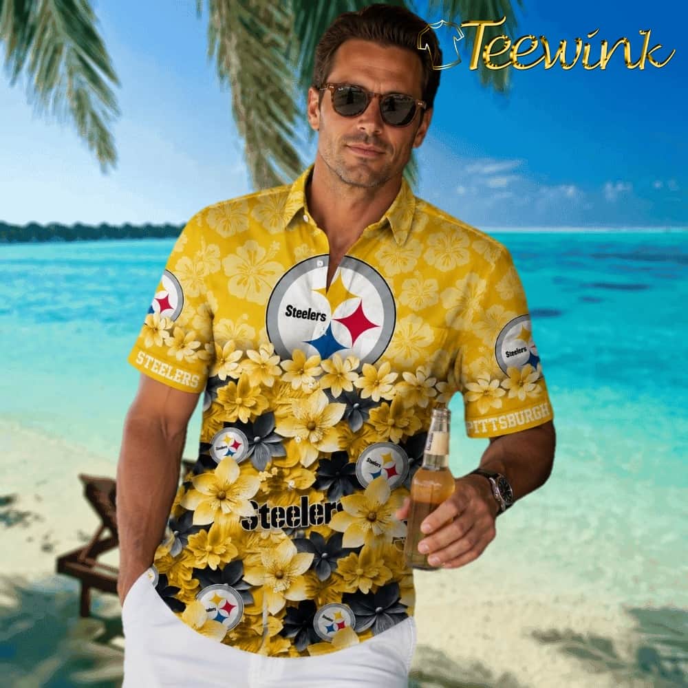 Bloom of Victory Floral Burst Pittsburgh Steelers Hawaiian Shirt with Gold Hibiscus Field image 2 Bloom of Victory Floral Burst Pittsburgh Steelers Hawaiian Shirt with Gold Hibiscus Field image 2