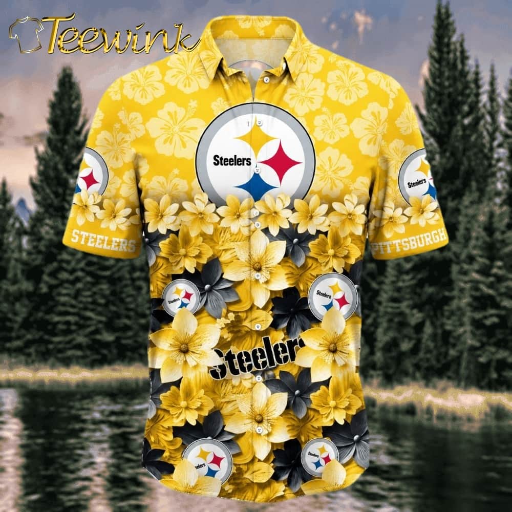 Bloom of Victory Floral Burst Pittsburgh Steelers Hawaiian Shirt with Gold Hibiscus Field image 3 Bloom of Victory Floral Burst Pittsburgh Steelers Hawaiian Shirt with Gold Hibiscus Field image 3
