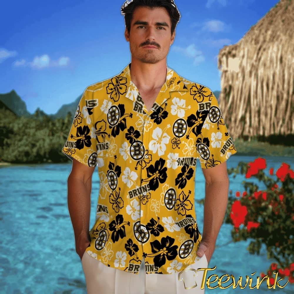 Boston Bruins Hawaiian Shirt – Hibiscus Flower Design image 2 Boston Bruins Hawaiian Shirt – Hibiscus Flower Design image 2
