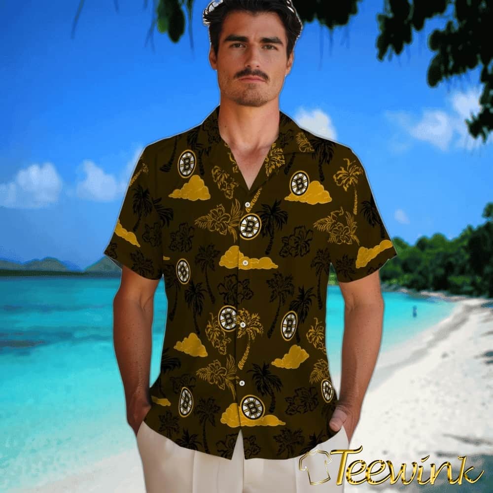 Boston Bruins Hawaiian Shirt – Palm And Clouds image 2 Boston Bruins Hawaiian Shirt – Palm And Clouds image 2