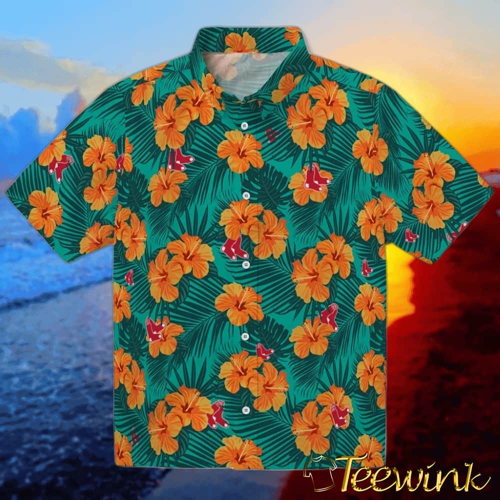 Boston Red Sox Hawaiian Shirt – Hibiscus and Palm Leaves