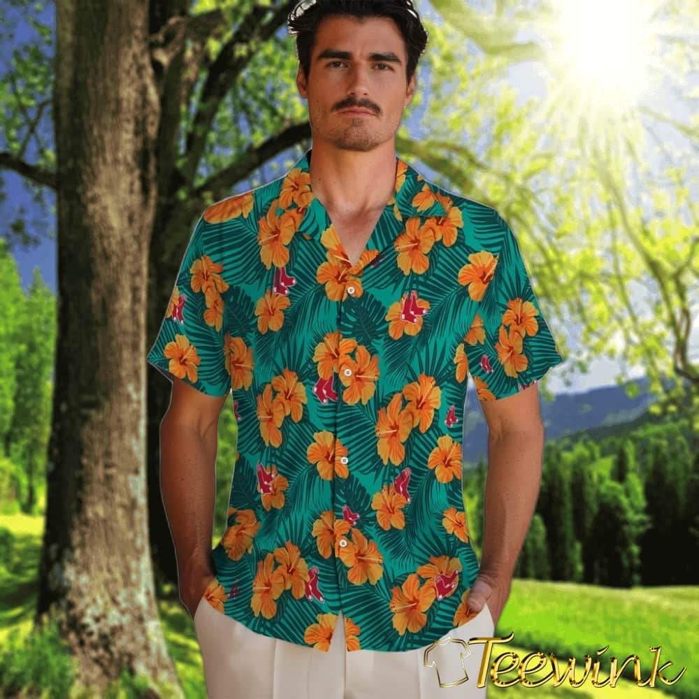 Boston Red Sox Hawaiian Shirt – Hibiscus and Palm Leaves image 2 Boston Red Sox Hawaiian Shirt – Hibiscus and Palm Leaves image 2