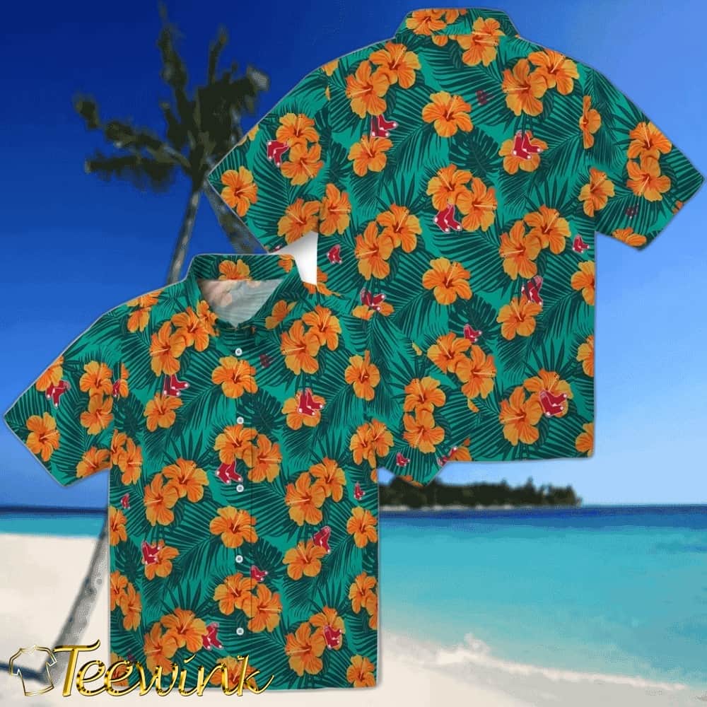Boston Red Sox Hawaiian Shirt – Hibiscus and Palm Leaves image 3 Boston Red Sox Hawaiian Shirt – Hibiscus and Palm Leaves image 3