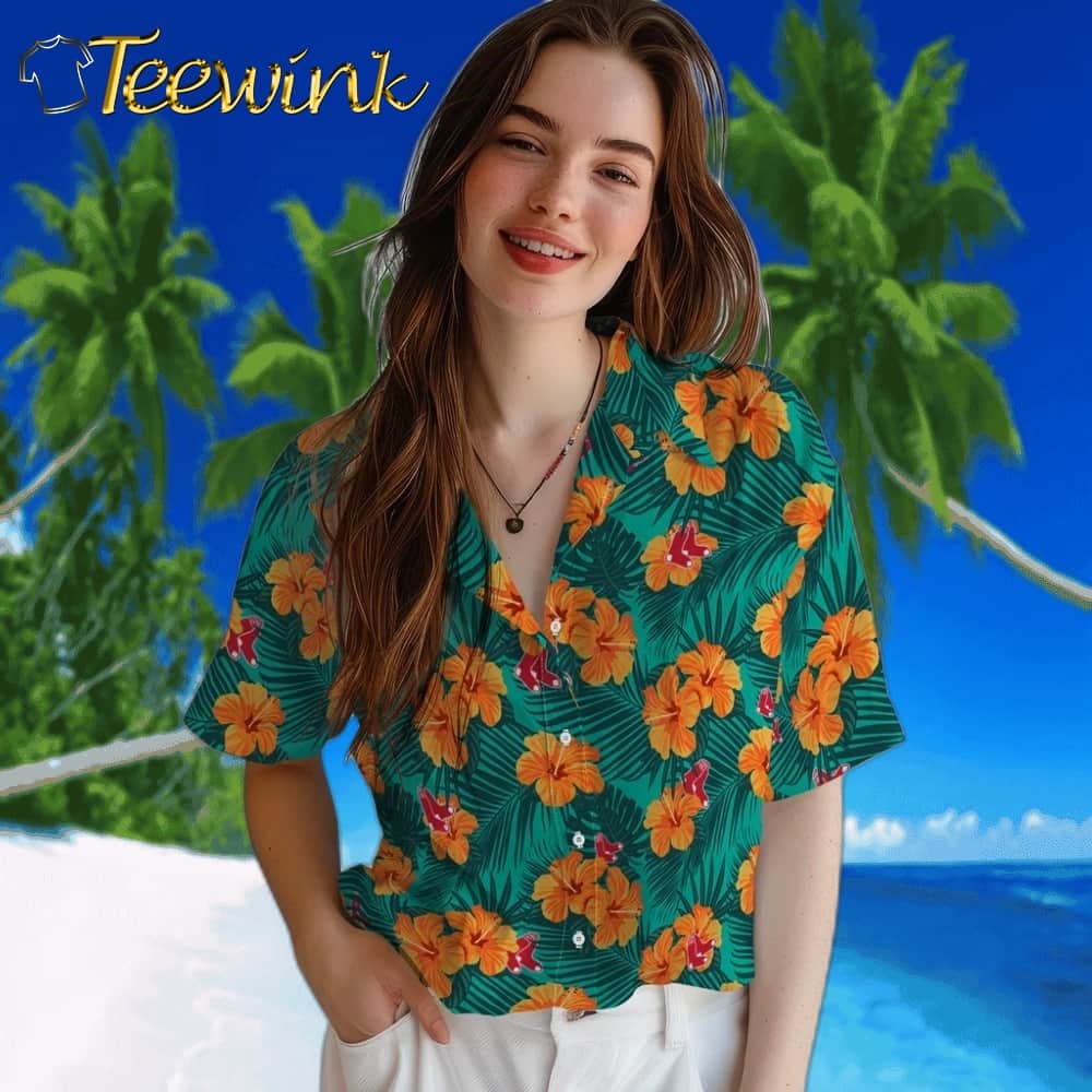 Boston Red Sox Hawaiian Shirt – Hibiscus and Palm Leaves image 4 Boston Red Sox Hawaiian Shirt – Hibiscus and Palm Leaves image 4