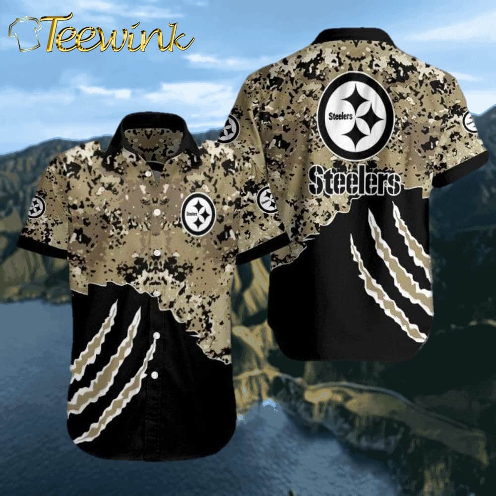Camouflage Blitz Military-Inspired Pittsburgh Steelers Tropical Shirt with Claw Tear Design