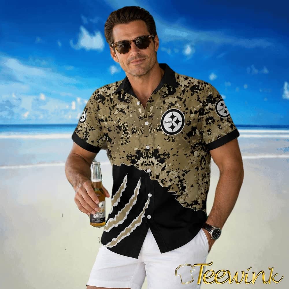 Camouflage Blitz Military-Inspired Pittsburgh Steelers Tropical Shirt with Claw Tear Design image 2 Camouflage Blitz Military-Inspired Pittsburgh Steelers Tropical Shirt with Claw Tear Design image 2