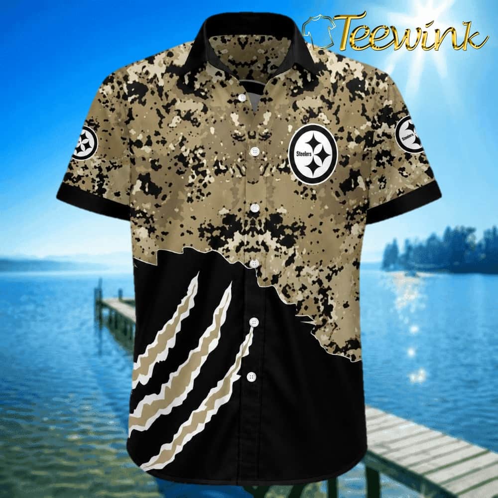 Camouflage Blitz Military-Inspired Pittsburgh Steelers Tropical Shirt with Claw Tear Design image 3 Camouflage Blitz Military-Inspired Pittsburgh Steelers Tropical Shirt with Claw Tear Design image 3