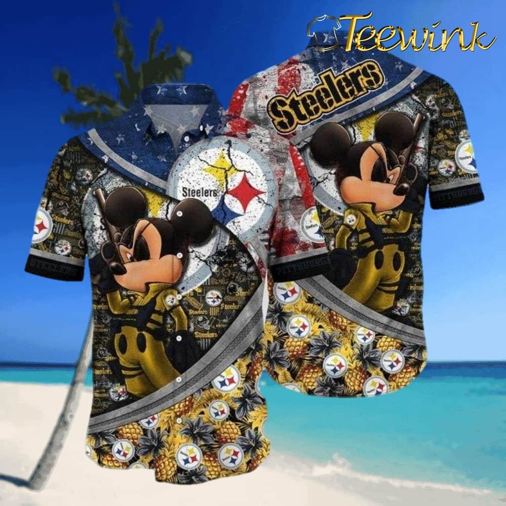 Cartoon Fanfare Pittsburgh Steelers Mickey Character Tropical Shirt with Pineapple and Flag Design