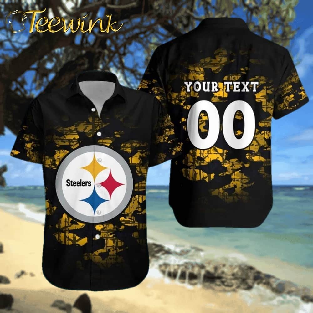 Custom Pittsburgh Steelers Aloha Shirt Camo Black and Gold with Personalized Name and Number