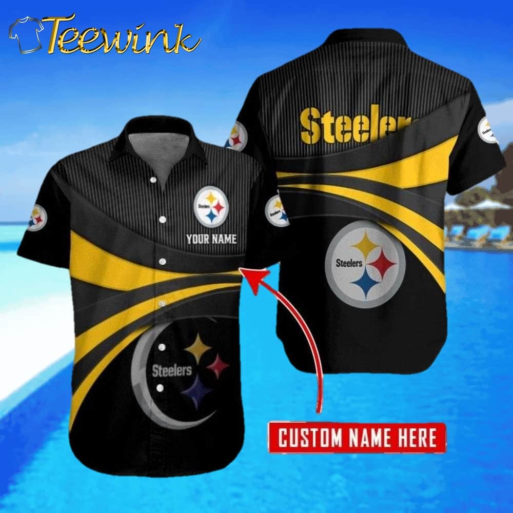 Customizable Pittsburgh Pride Black and Gold Stripe Steelers Hawaiian Shirt Name on Chest