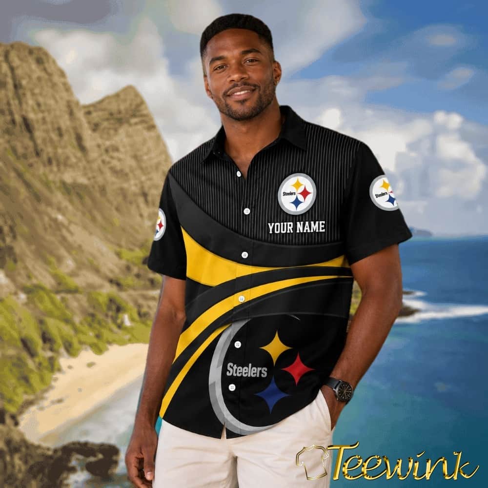 Customizable Pittsburgh Pride Black and Gold Stripe Steelers Hawaiian Shirt Name on Chest image 2 Customizable Pittsburgh Pride Black and Gold Stripe Steelers Hawaiian Shirt Name on Chest image 2