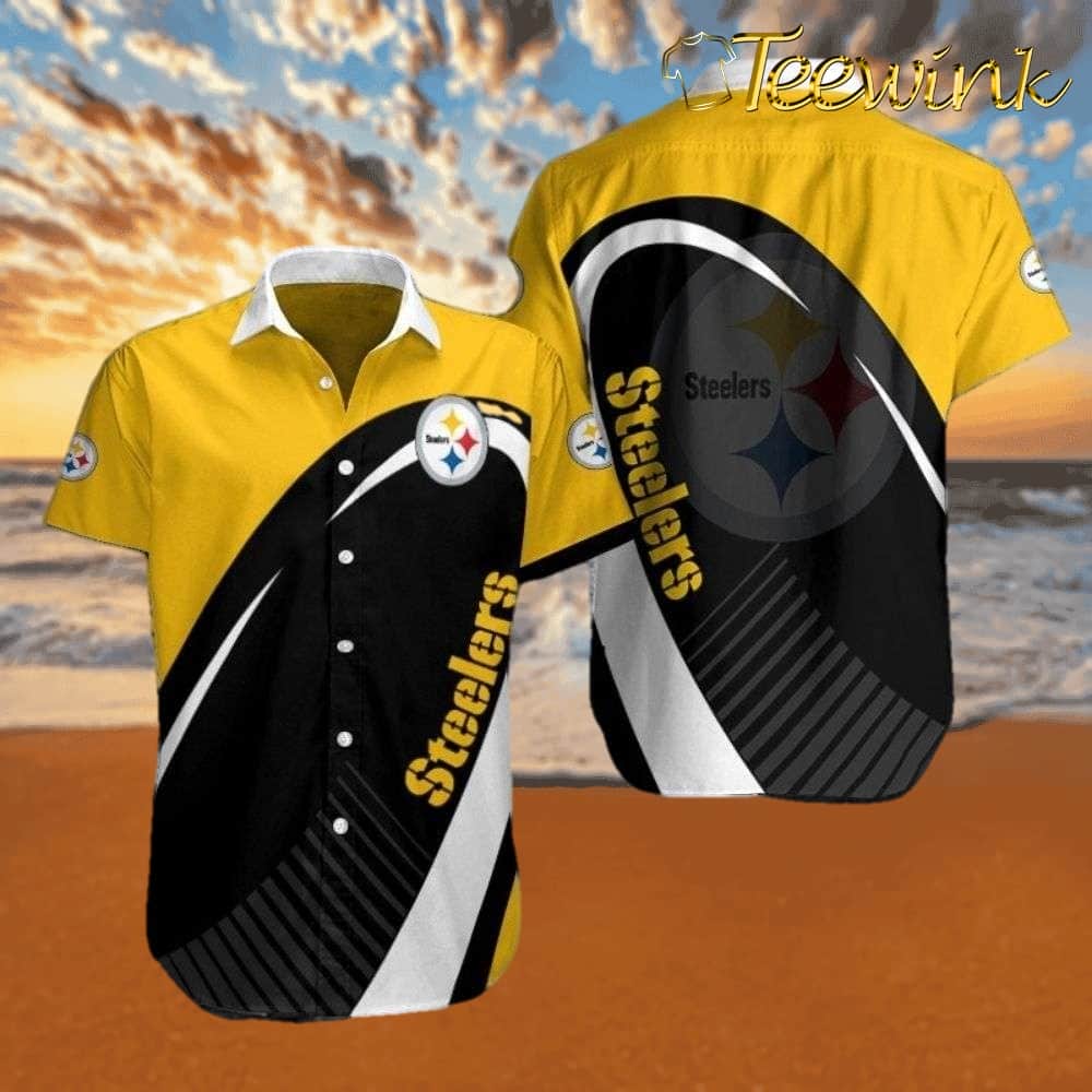 Dynamic Black Gold Diagonal Stripe Pittsburgh Steelers Hawaiian Shirt with Curved Arc Design