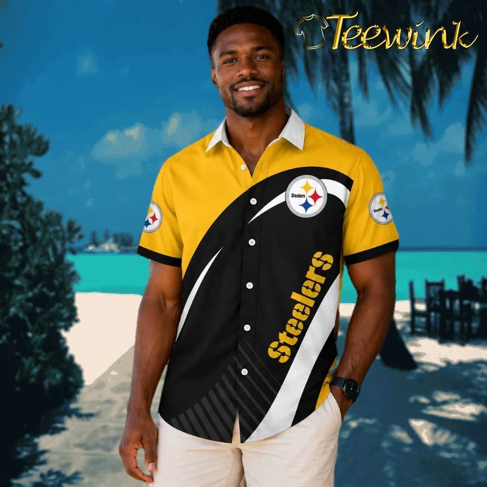 Dynamic Black Gold Diagonal Stripe Pittsburgh Steelers Hawaiian Shirt with Curved Arc Design image 2 Dynamic Black Gold Diagonal Stripe Pittsburgh Steelers Hawaiian Shirt with Curved Arc Design image 2