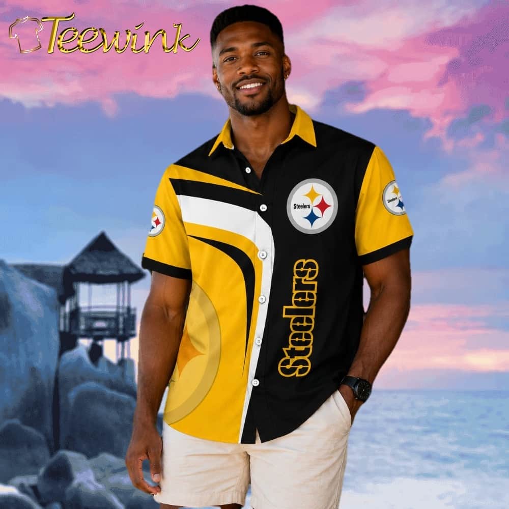 Dynamic Duo Tone Pittsburgh Steelers Tropical Hawaiian Shirt with Equal Gold and Black Split image 2 Dynamic Duo Tone Pittsburgh Steelers Tropical Hawaiian Shirt with Equal Gold and Black Split image 2