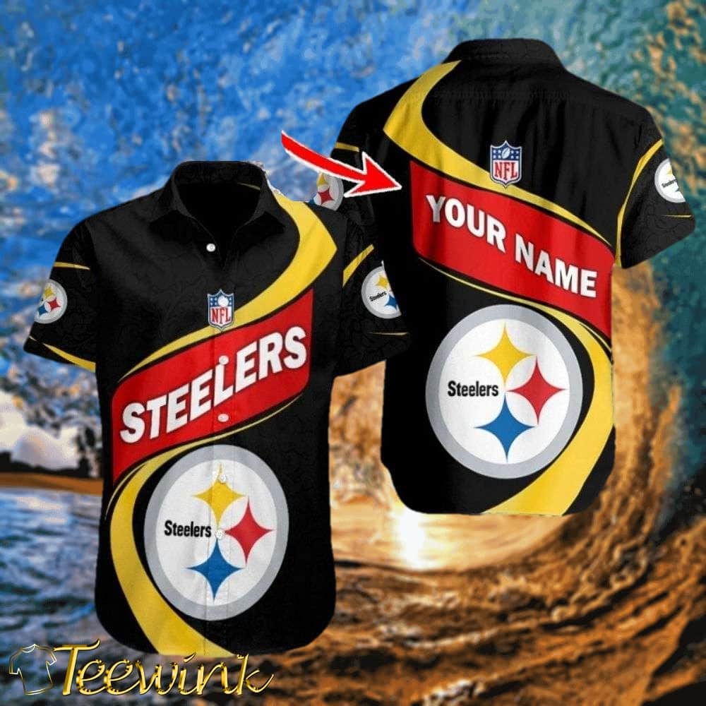 Dynamic Play Black and Red Banner Steelers Hawaiian Shirt with Custom Name on Back