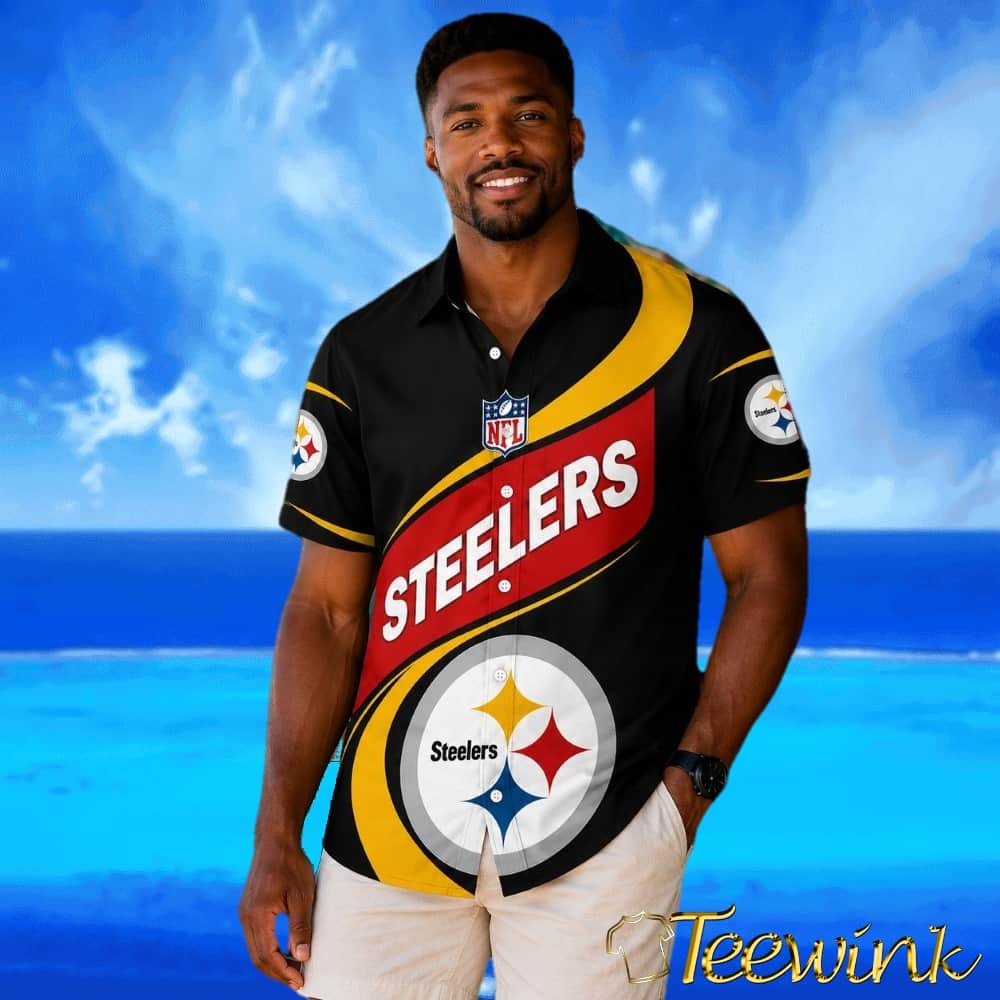Dynamic Play Black and Red Banner Steelers Hawaiian Shirt with Custom Name on Back image 2 Dynamic Play Black and Red Banner Steelers Hawaiian Shirt with Custom Name on Back image 2