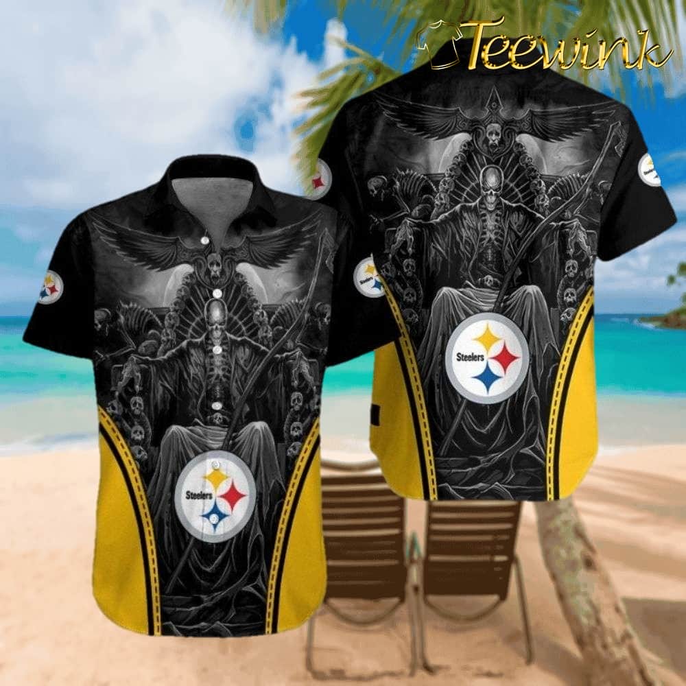 Electric Wave Pittsburgh Steelers Vibrant Hawaiian Shirt with Gold Crackle and Art Nouveau Tropical Design