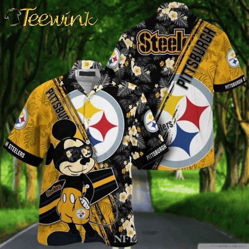 Golden Gridiron Glow – Pittsburgh Steelers Cartoon Character Mickey Aloha Shirt