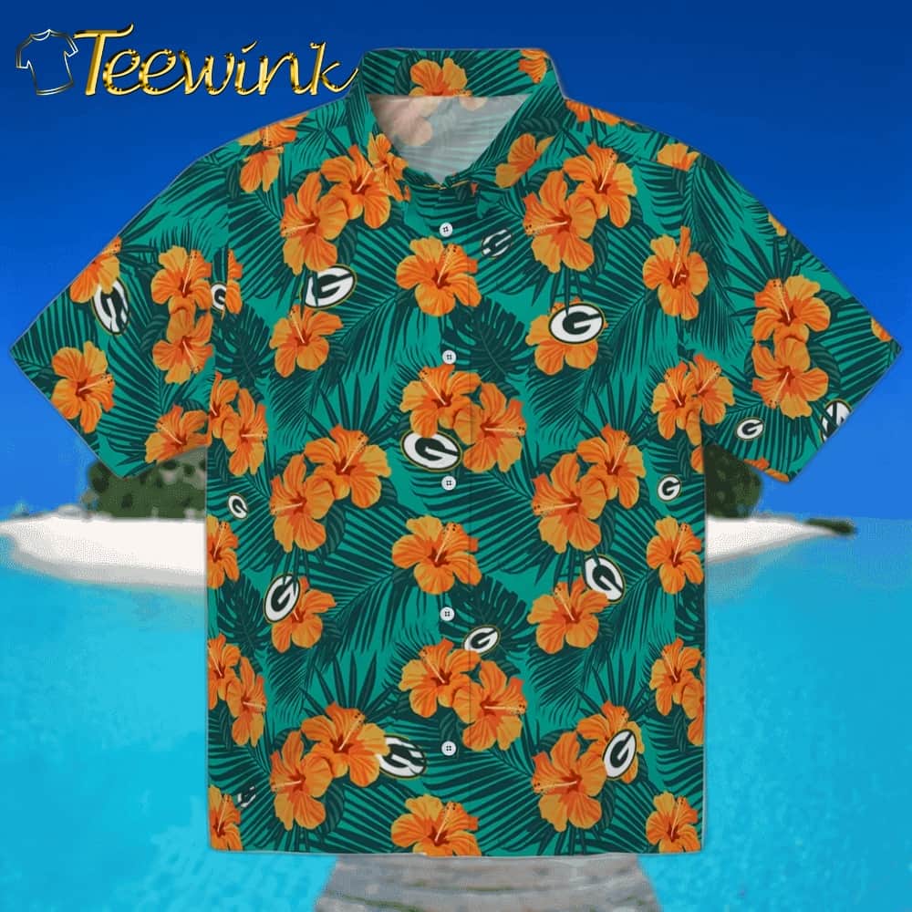 Green Bay Packers Hawaiian Shirt – Hibiscus and Palm Leaves