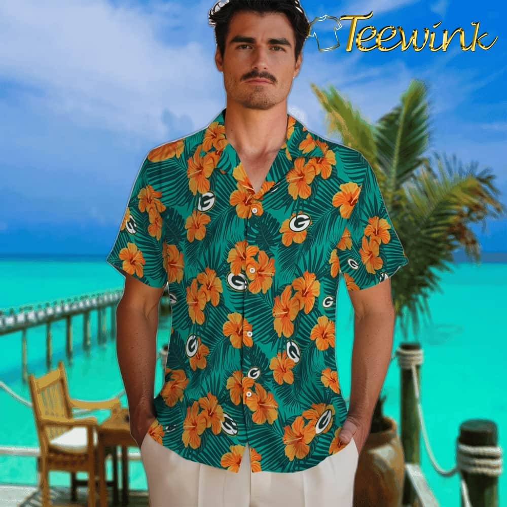 Green Bay Packers Hawaiian Shirt – Hibiscus and Palm Leaves image 2 Green Bay Packers Hawaiian Shirt – Hibiscus and Palm Leaves image 2