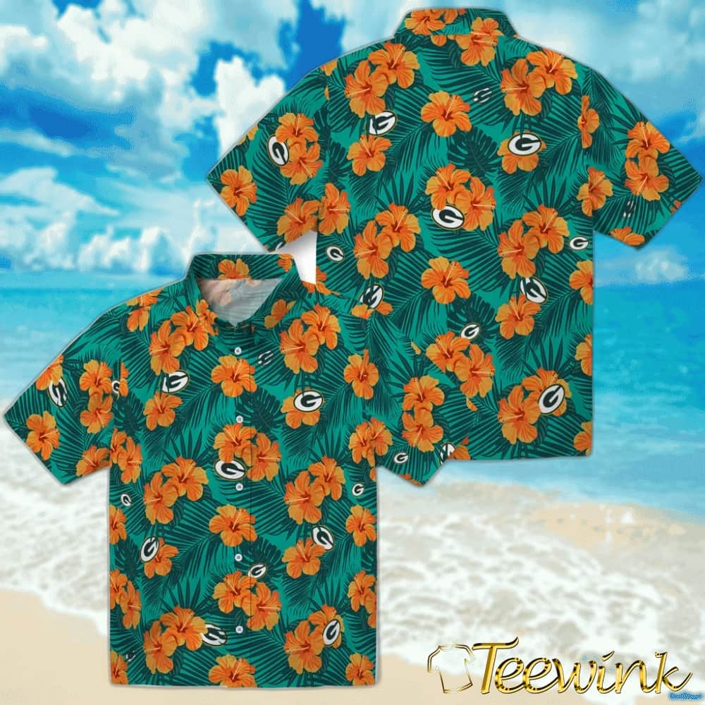 Green Bay Packers Hawaiian Shirt – Hibiscus and Palm Leaves image 3 Green Bay Packers Hawaiian Shirt – Hibiscus and Palm Leaves image 3
