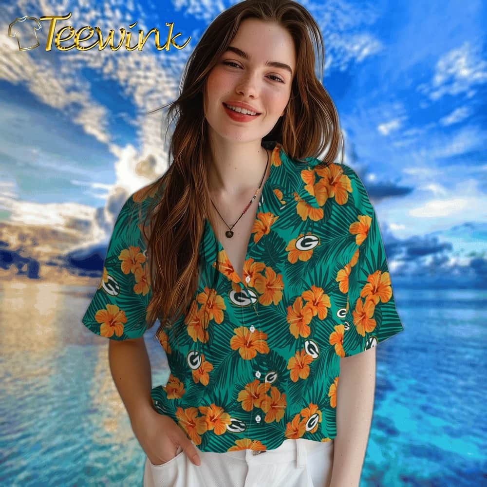 Green Bay Packers Hawaiian Shirt – Hibiscus and Palm Leaves image 4 Green Bay Packers Hawaiian Shirt – Hibiscus and Palm Leaves image 4