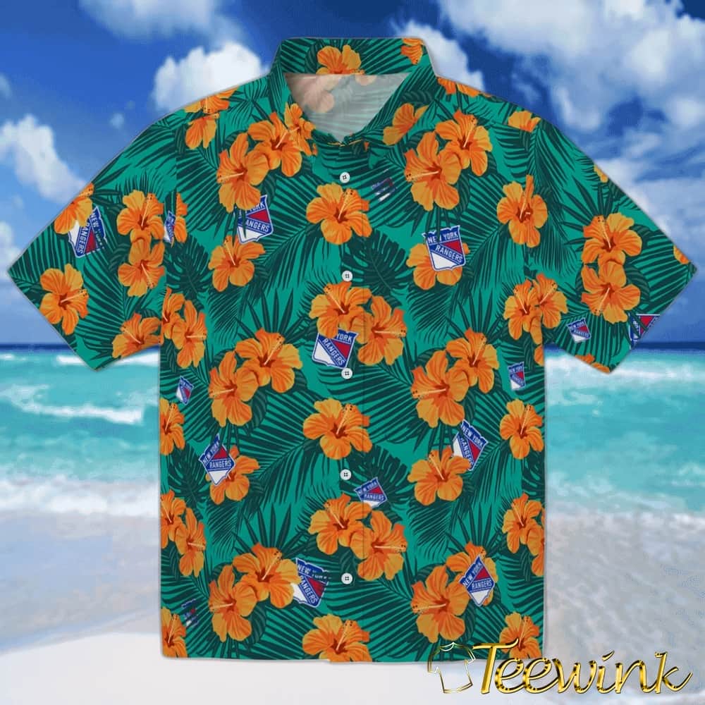 New York Rangers Hawaiian Shirt – Hibiscus and Palm Leaves