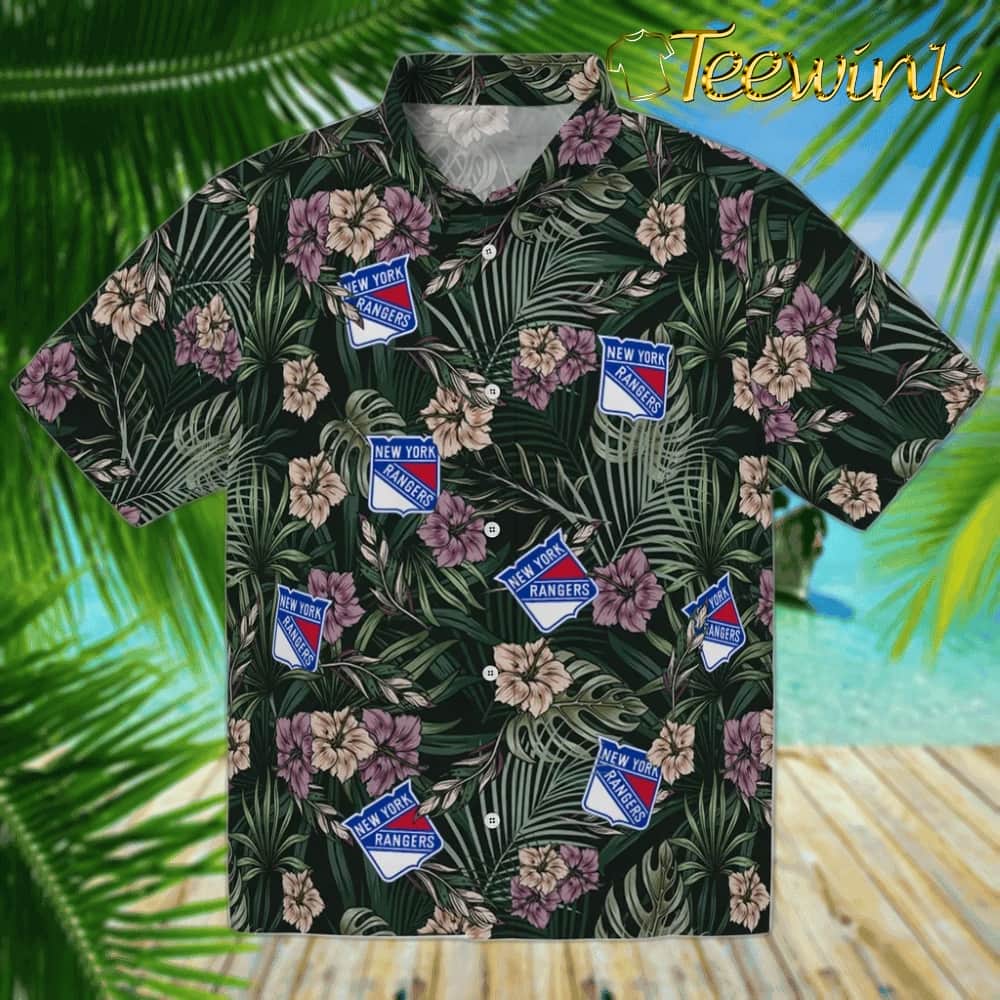 New York Rangers Hawaiian Shirt – Hibiscus Leaves Pattern