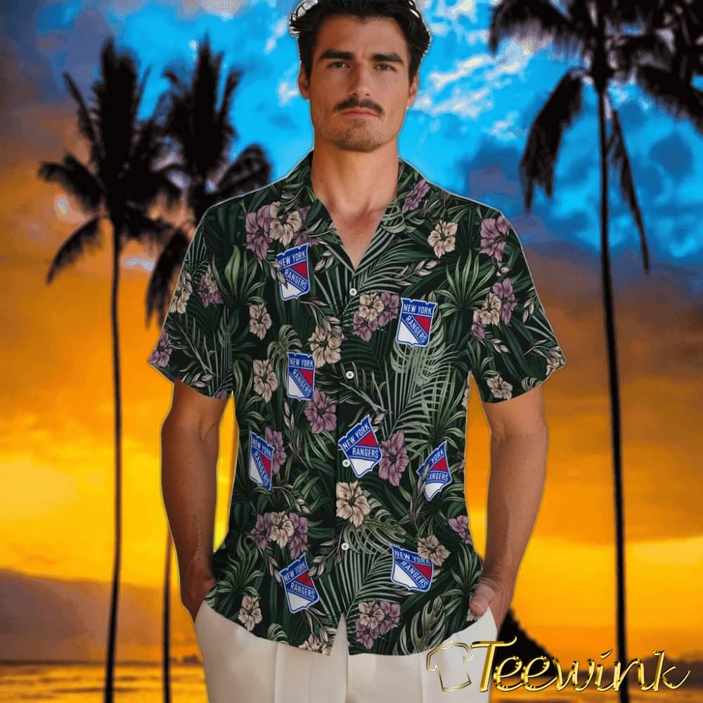 New York Rangers Hawaiian Shirt – Hibiscus Leaves Pattern image 2 New York Rangers Hawaiian Shirt – Hibiscus Leaves Pattern image 2