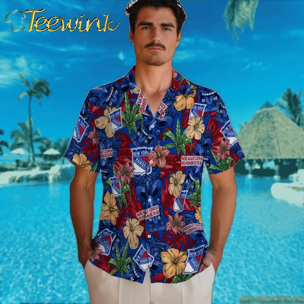 New York Rangers Hawaiian Shirt – Hibiscus Tiki Jungle image 2 New York Rangers Hawaiian Shirt – Hibiscus Tiki Jungle image 2