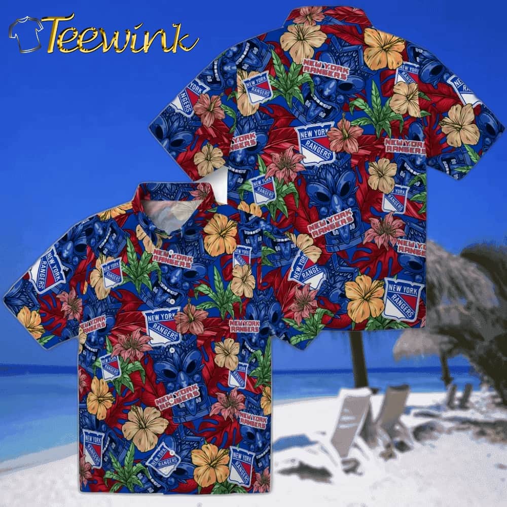 New York Rangers Hawaiian Shirt – Hibiscus Tiki Jungle image 3 New York Rangers Hawaiian Shirt – Hibiscus Tiki Jungle image 3