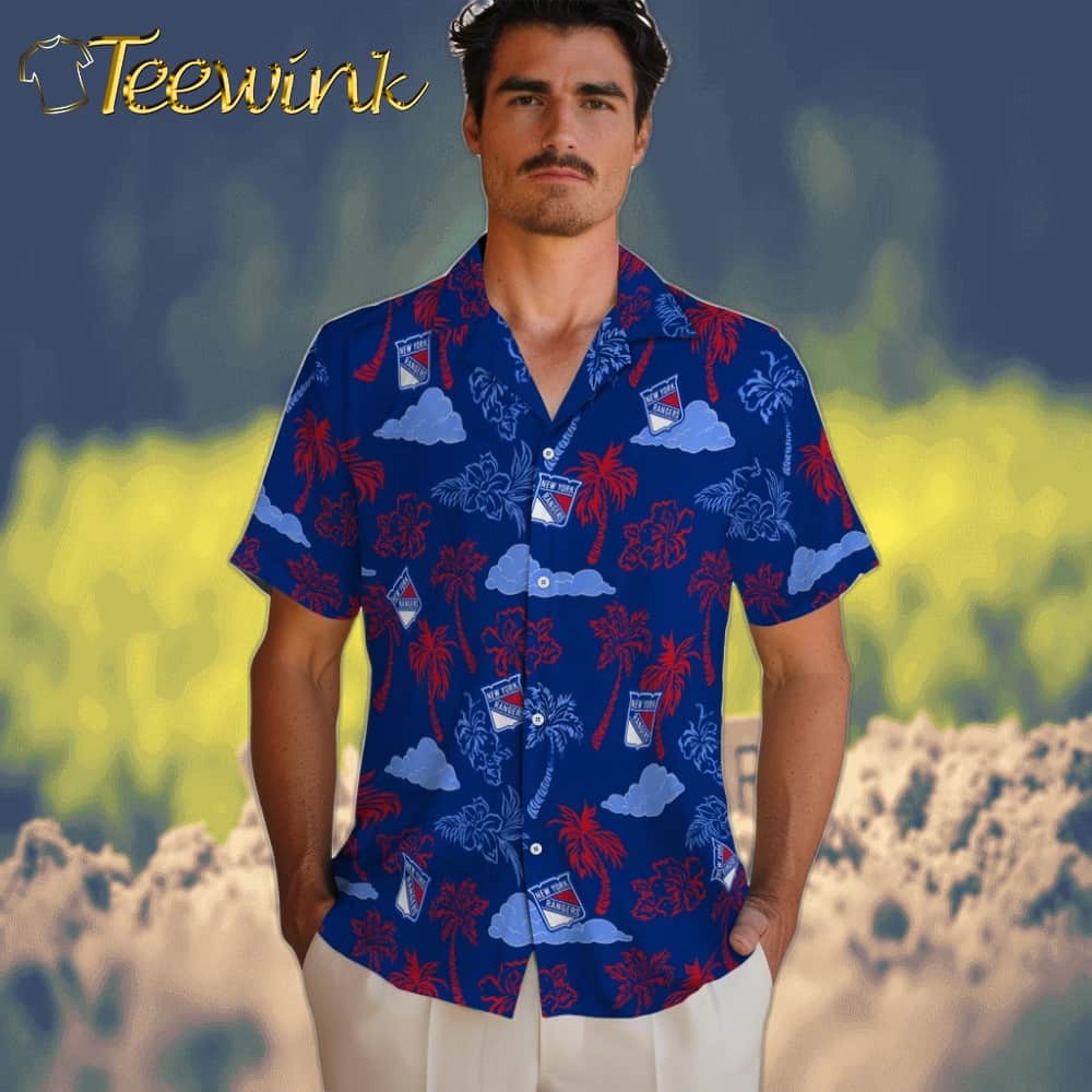 New York Rangers Hawaiian Shirt – Palm And Clouds image 2 New York Rangers Hawaiian Shirt – Palm And Clouds image 2