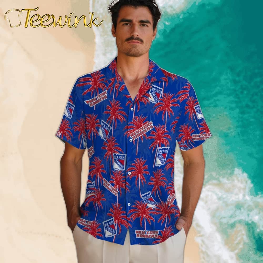 New York Rangers Hawaiian Shirt – Palm Tree Motif image 2 New York Rangers Hawaiian Shirt – Palm Tree Motif image 2