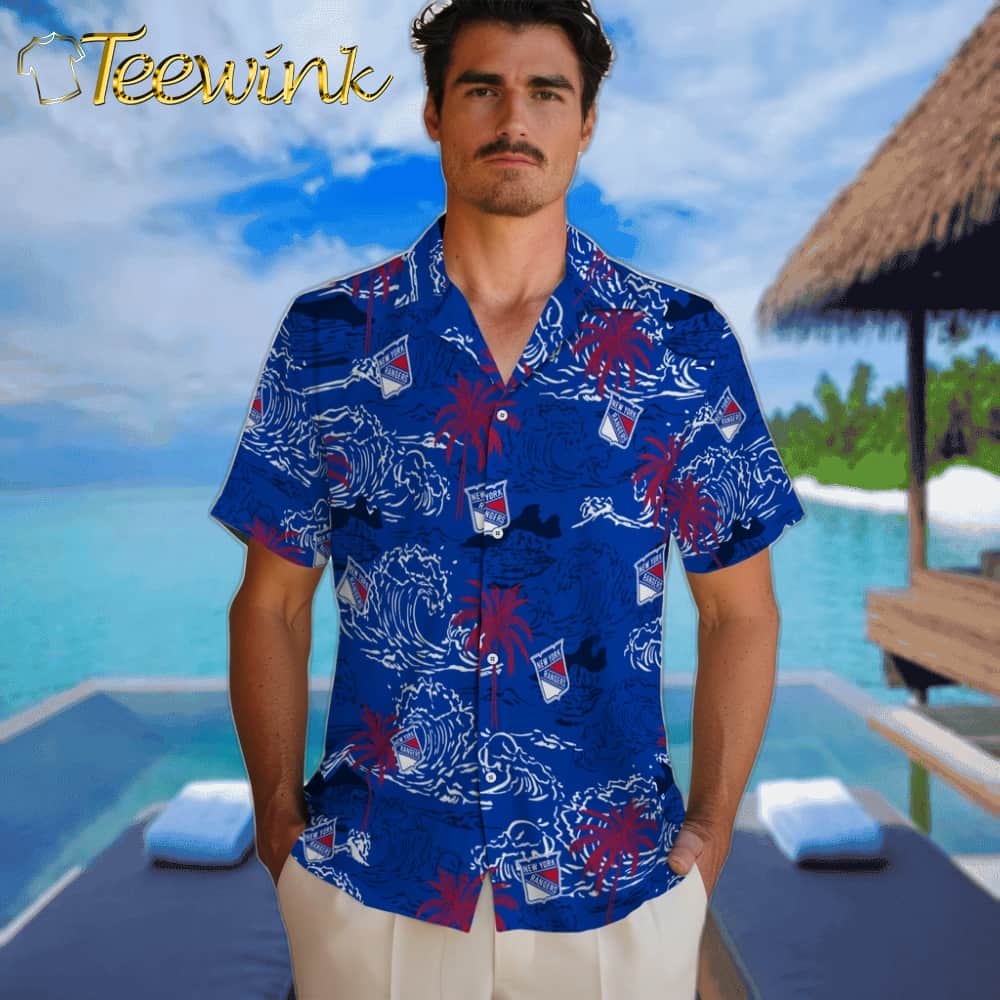 New York Rangers Hawaiian Shirt – Wave Palm image 2 New York Rangers Hawaiian Shirt – Wave Palm image 2