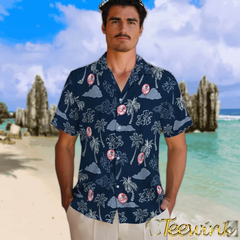 New York Yankees Hawaiian Shirt – Palm And Clouds image 2 New York Yankees Hawaiian Shirt – Palm And Clouds image 2
