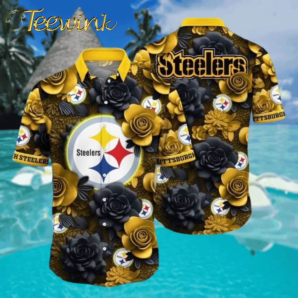 Pittsburgh Steelers Bold Floral Black And Gold Hawaiian Shirt