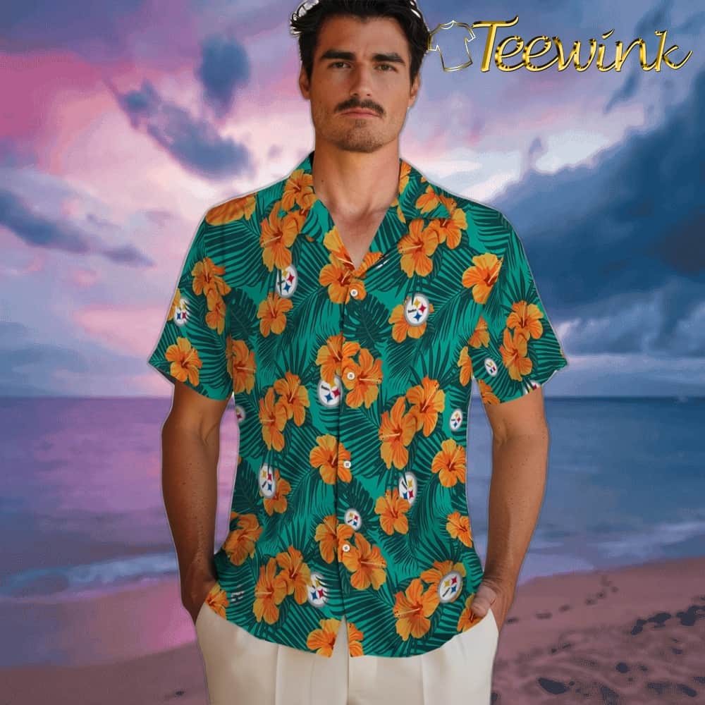 Pittsburgh Steelers Hawaiian Shirt – Hibiscus and Palm Leaves image 2 Pittsburgh Steelers Hawaiian Shirt – Hibiscus and Palm Leaves image 2