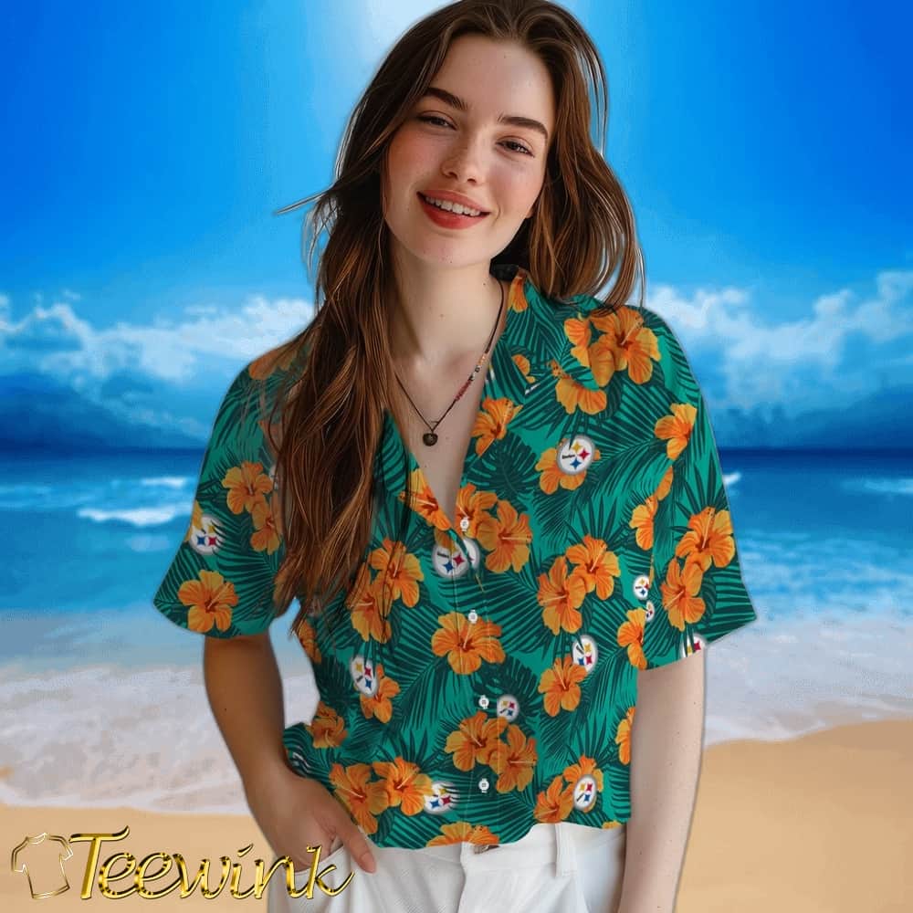 Pittsburgh Steelers Hawaiian Shirt – Hibiscus and Palm Leaves image 4 Pittsburgh Steelers Hawaiian Shirt – Hibiscus and Palm Leaves image 4
