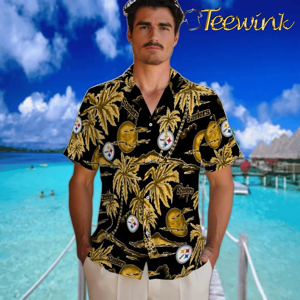 Pittsburgh Steelers Hawaiian Shirt – Palm Sunset image 2 Pittsburgh Steelers Hawaiian Shirt – Palm Sunset image 2