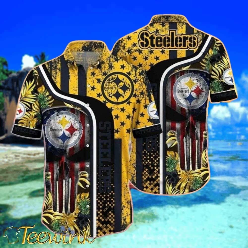 Pittsburgh Steelers Starry Night Palm Tropical Skull Hawaiian Shirt