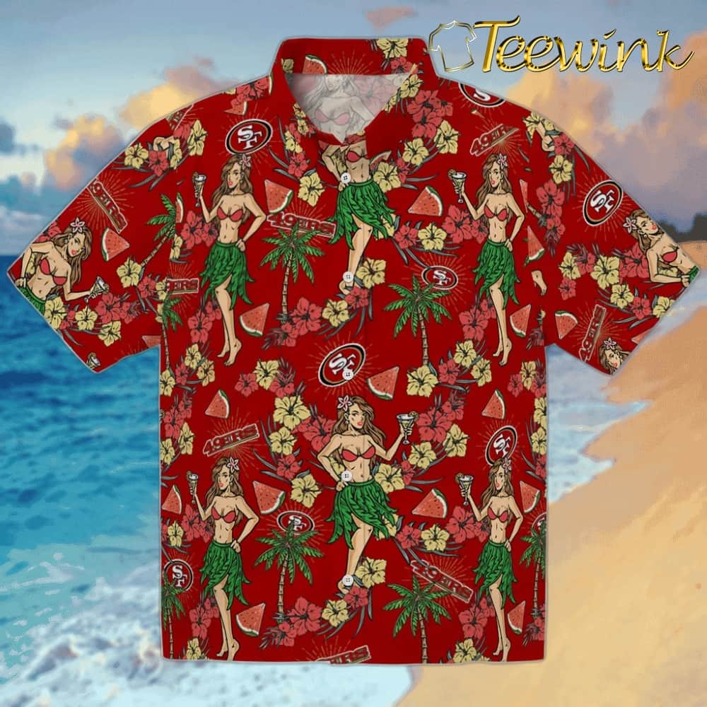 San Francisco 49ers Hawaiian Shirt – Hibiscus and Palm Leaves