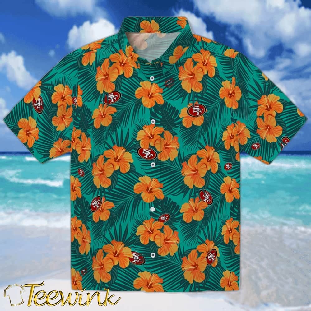 San Francisco 49ers Hawaiian Shirt – Hibiscus and Palm Leaves